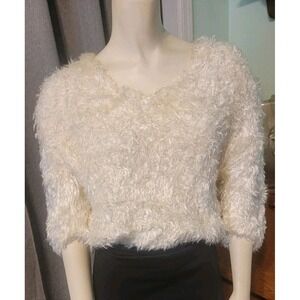 Vtg 90s Side Effects Ivory Hand Knit Fuzzy Eyelash Sweater Women Size M  Y2K